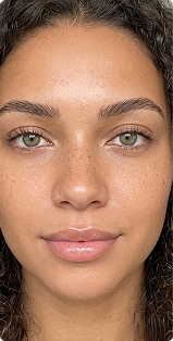 A close-up of a woman with green eyes and freckles looking directly at the camera.