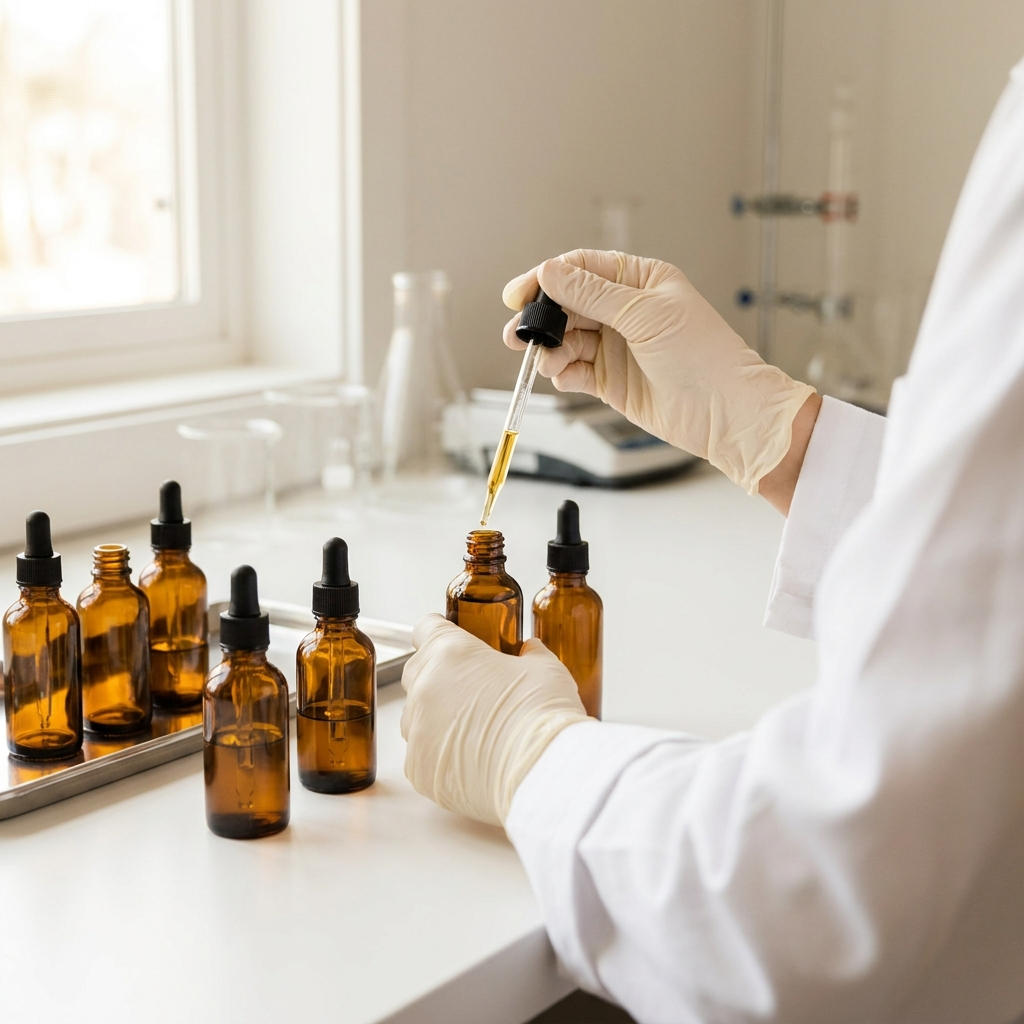 A person in a lab coat and gloves uses a dropper to transfer liquid into amber bottles.
