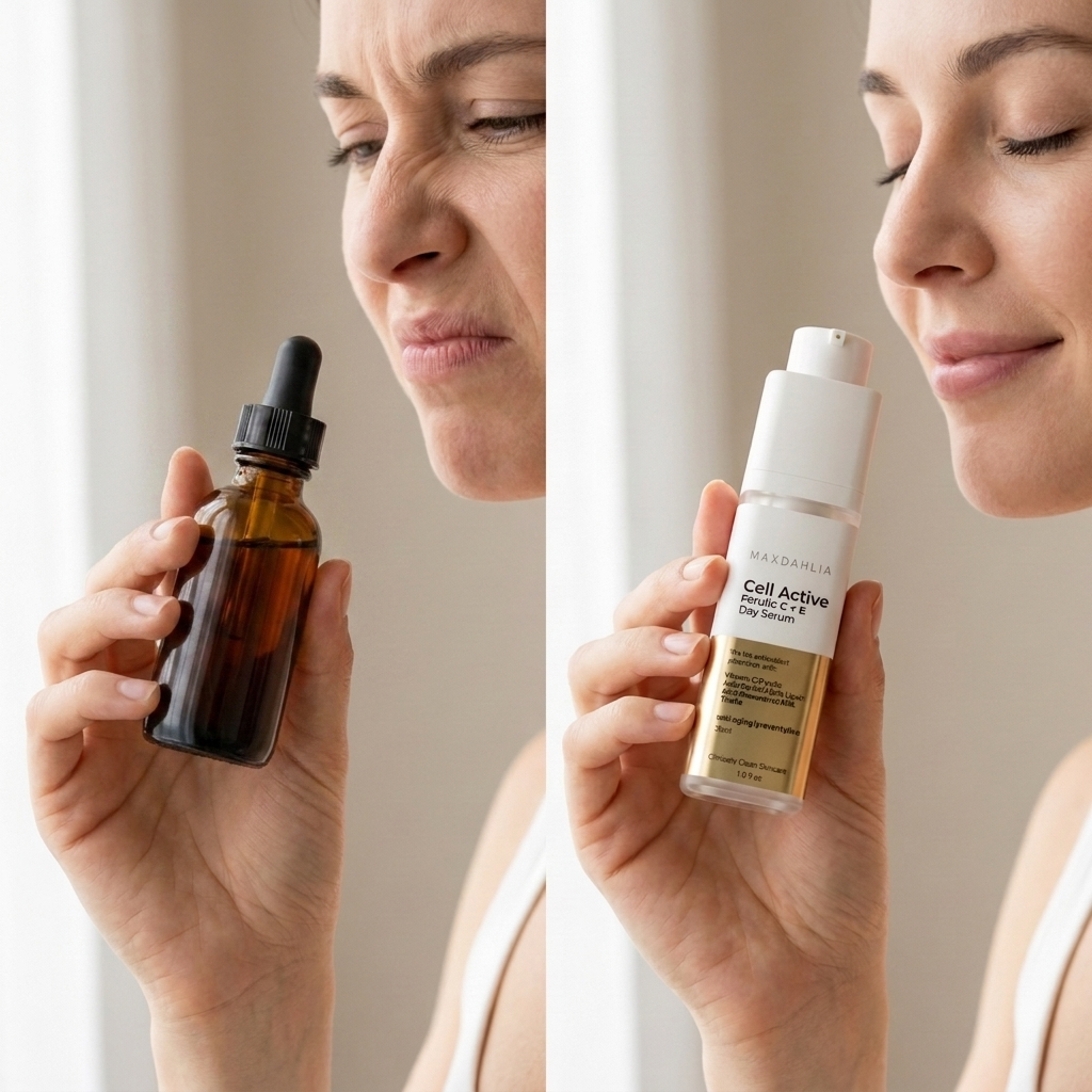 A split image showing a woman reacting negatively to one serum and positively to another Maxdahlia serum.