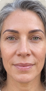A close-up portrait of a woman with graying hair and green eyes looking directly at the camera.