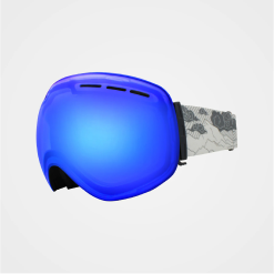 Blue ski goggles with a patterned strap on a white background.