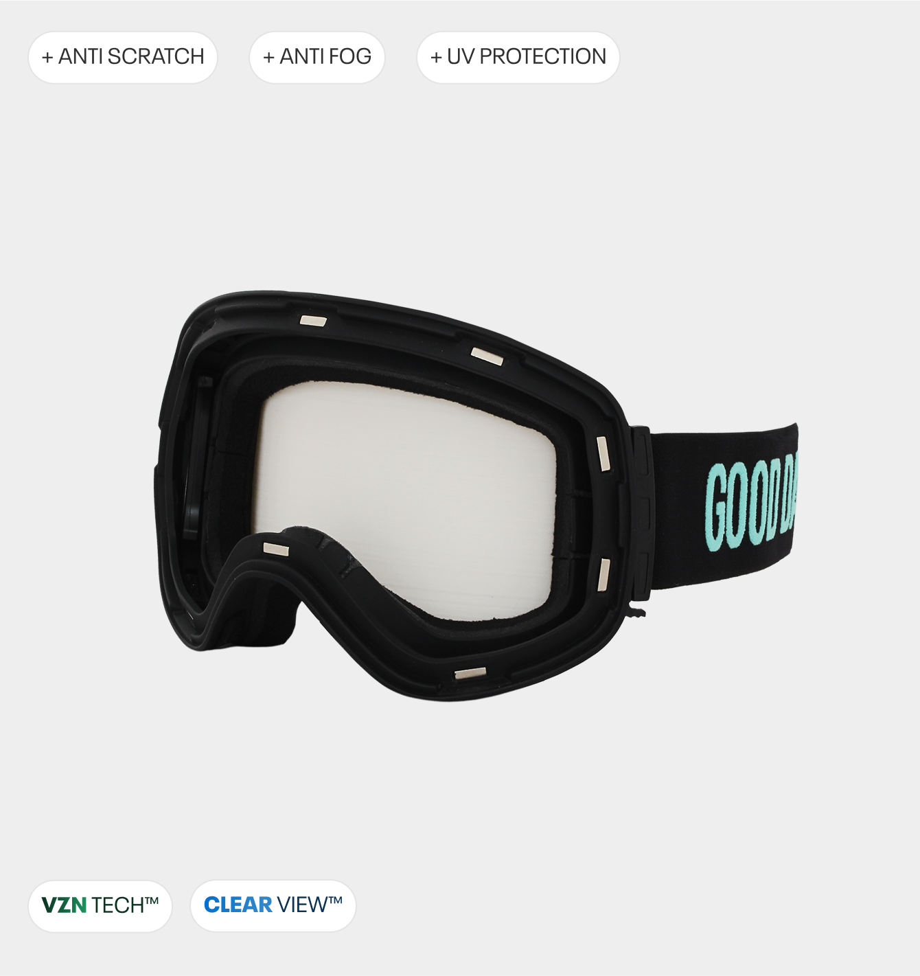 Black ski goggles with anti-scratch, anti-fog, and UV protection features.