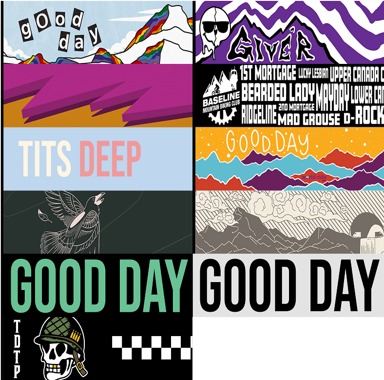 Collage of colorful graphic designs with text and mountain illustrations.