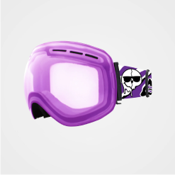 Purple ski goggles with a skull design on the strap.