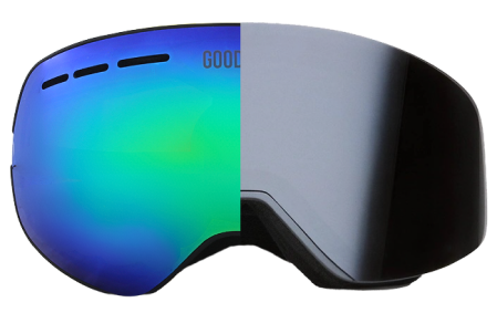 Split image of ski goggles with blue and black lenses.