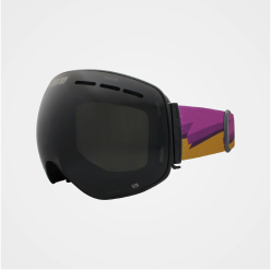 Black ski goggles with a colorful purple and yellow strap on a white background.