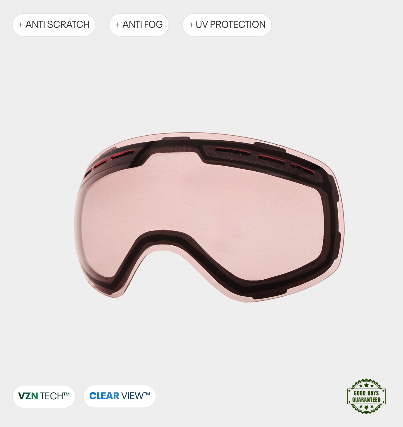 Ski goggles with anti-scratch, anti-fog, and UV protection features.