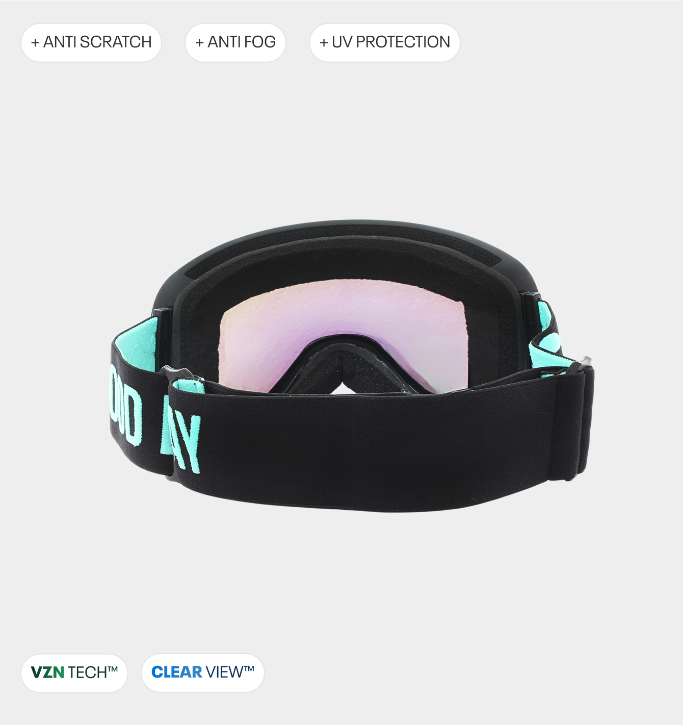 Black ski goggles with pink lenses and turquoise strap details.