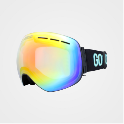 Colorful ski goggles with a reflective lens and black strap.