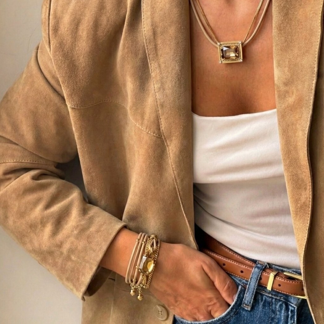 A person wearing a tan suede jacket, white top, and jeans, with gold jewelry.