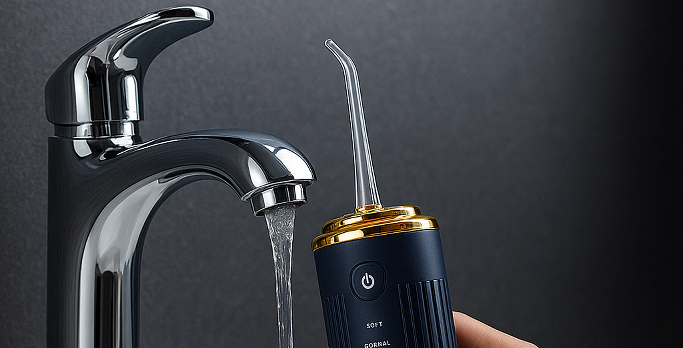 Chrome faucet with water flowing next to a handheld dental irrigator.