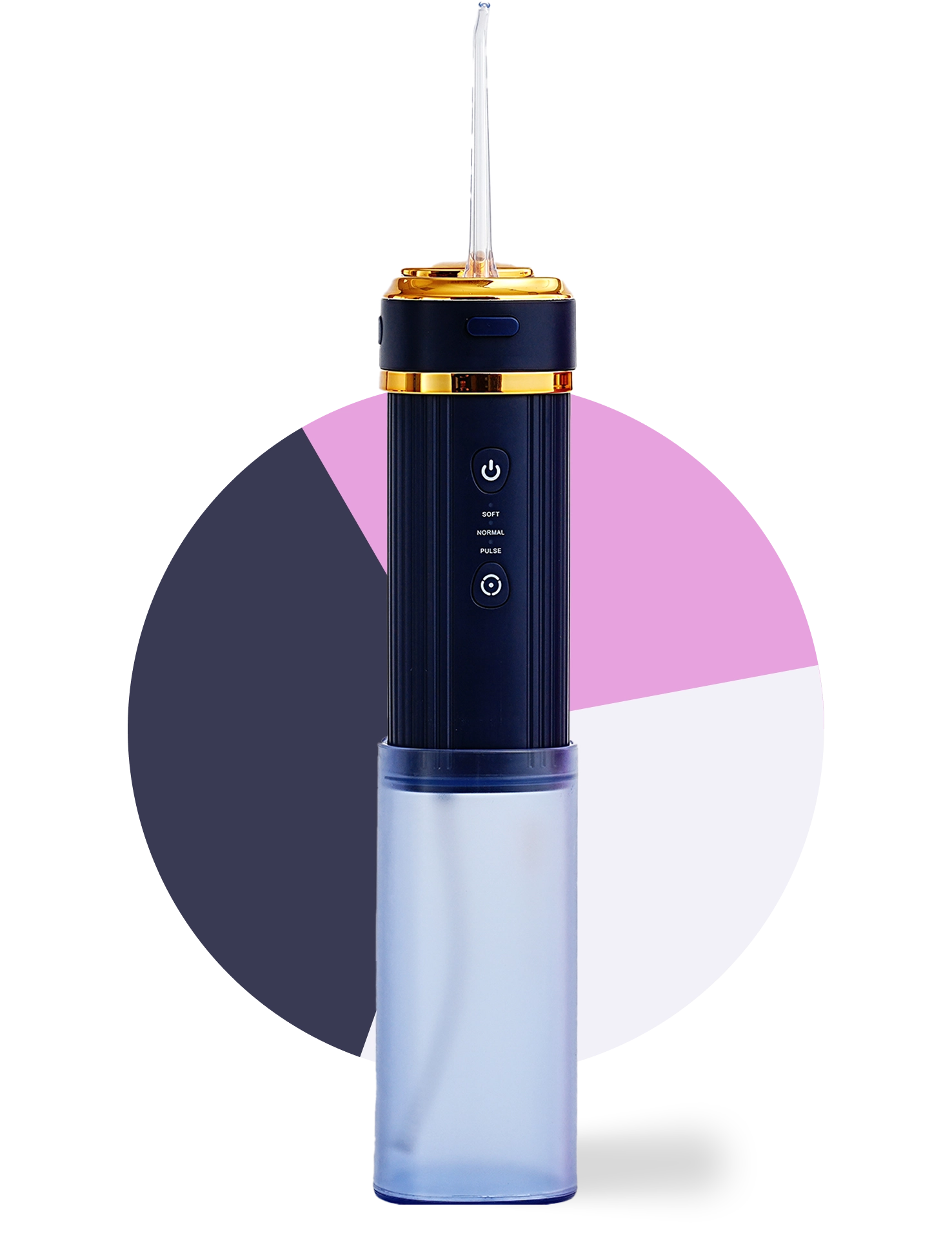Electric oral irrigator with gold accents, against a colorful geometric background.