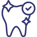 Outline of a tooth with sparkles and a checkmark.