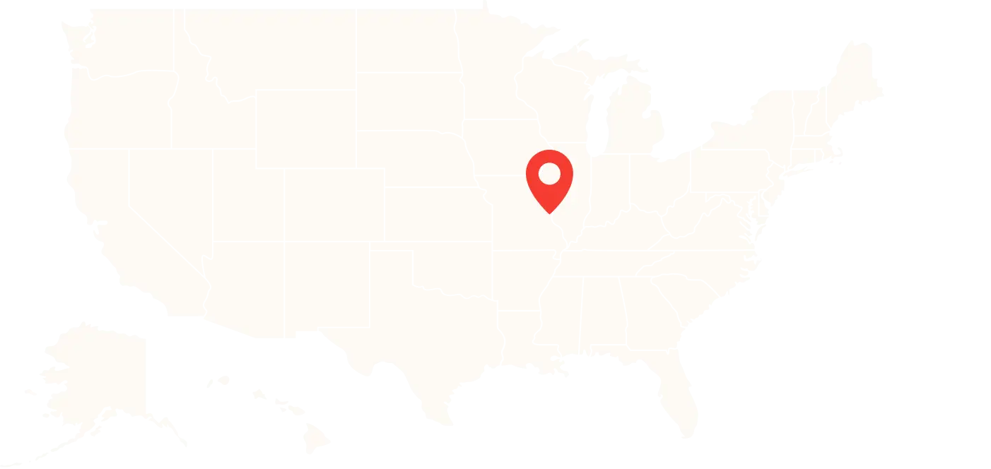 A map of the United States with a location pin set on St. Louis, MO.