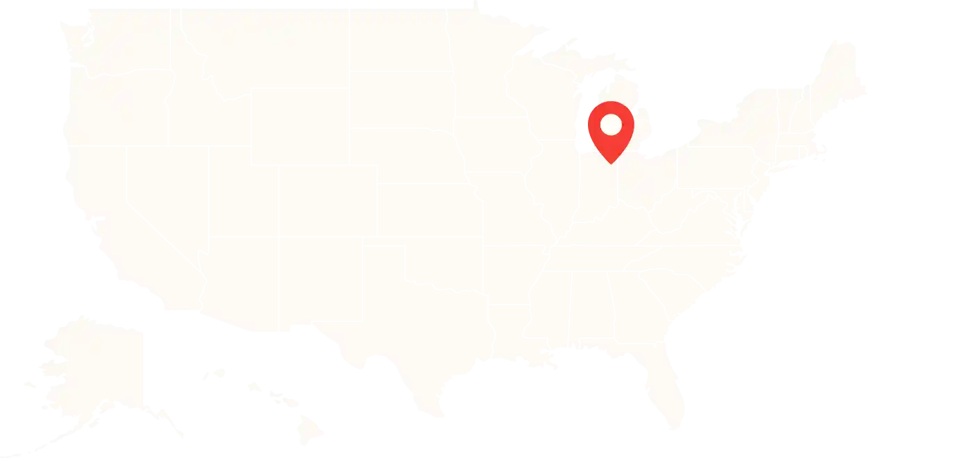 A map of the United States with a location pin set on Fort Wayne, IN.