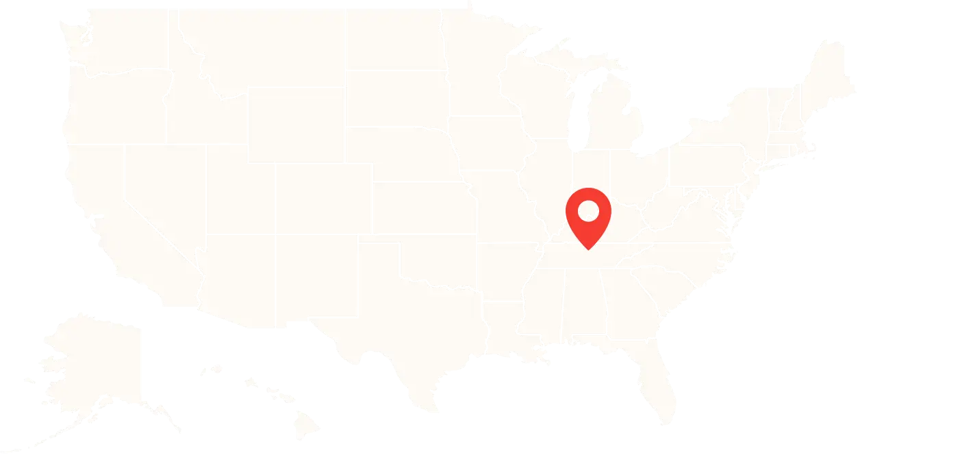 A map of the United States with a location marker where Nashville, TN would be.