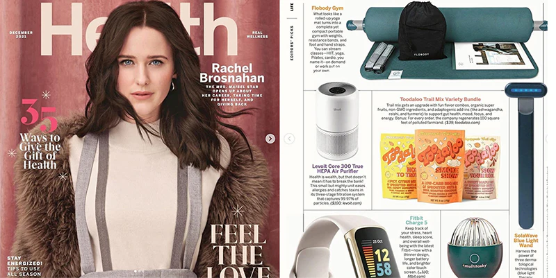 Magazine cover with a woman in a fur-trimmed coat, adjacent gift guide images.