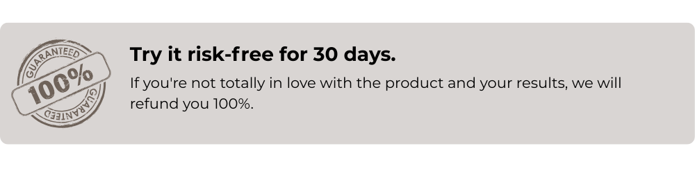 Banner with 100% guarantee stamp and risk-free 30-day trial message.