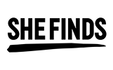 Black text 'SHE FINDS' on a white background.