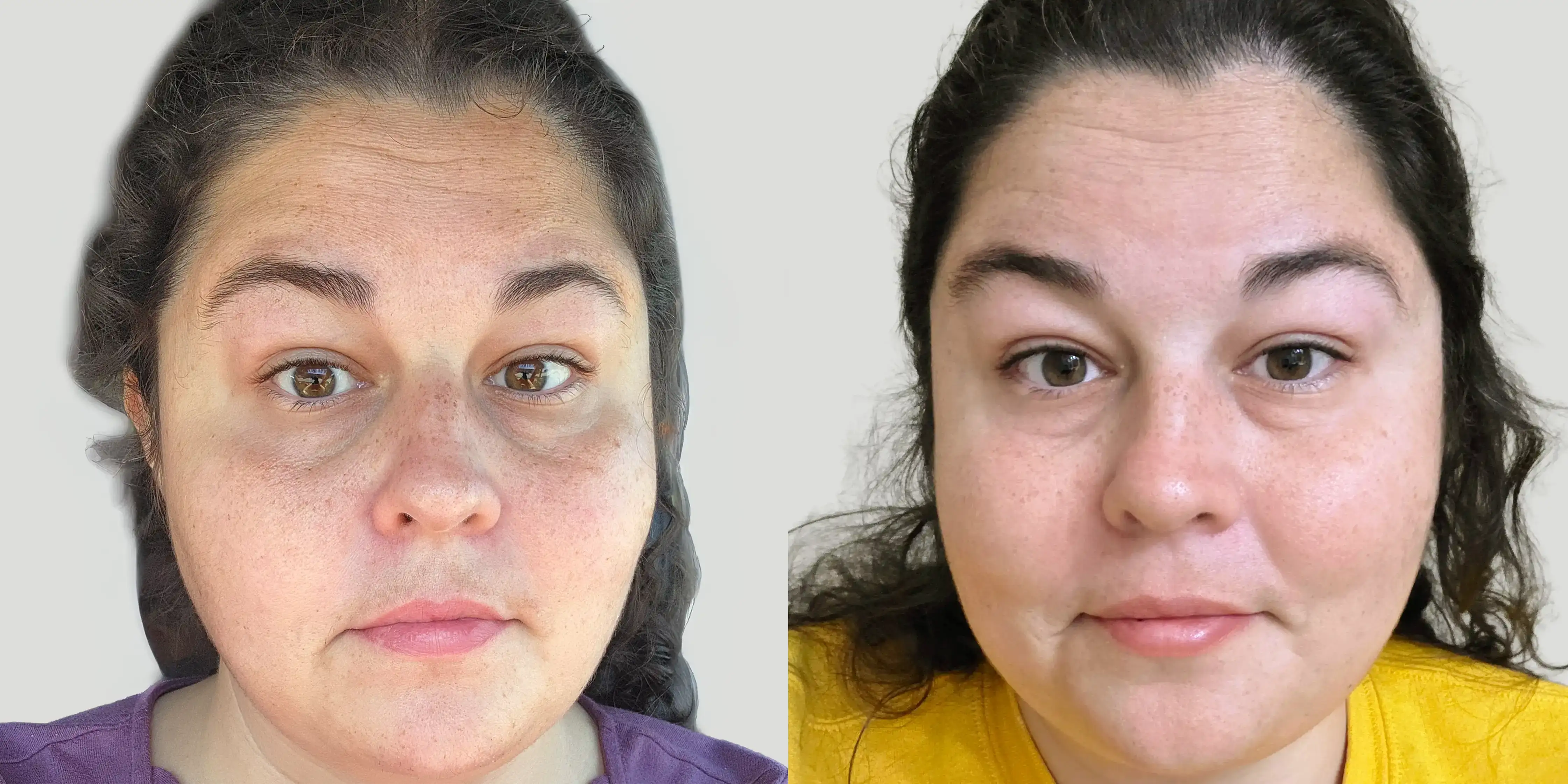 Two close-up portraits of the same woman in different lighting.