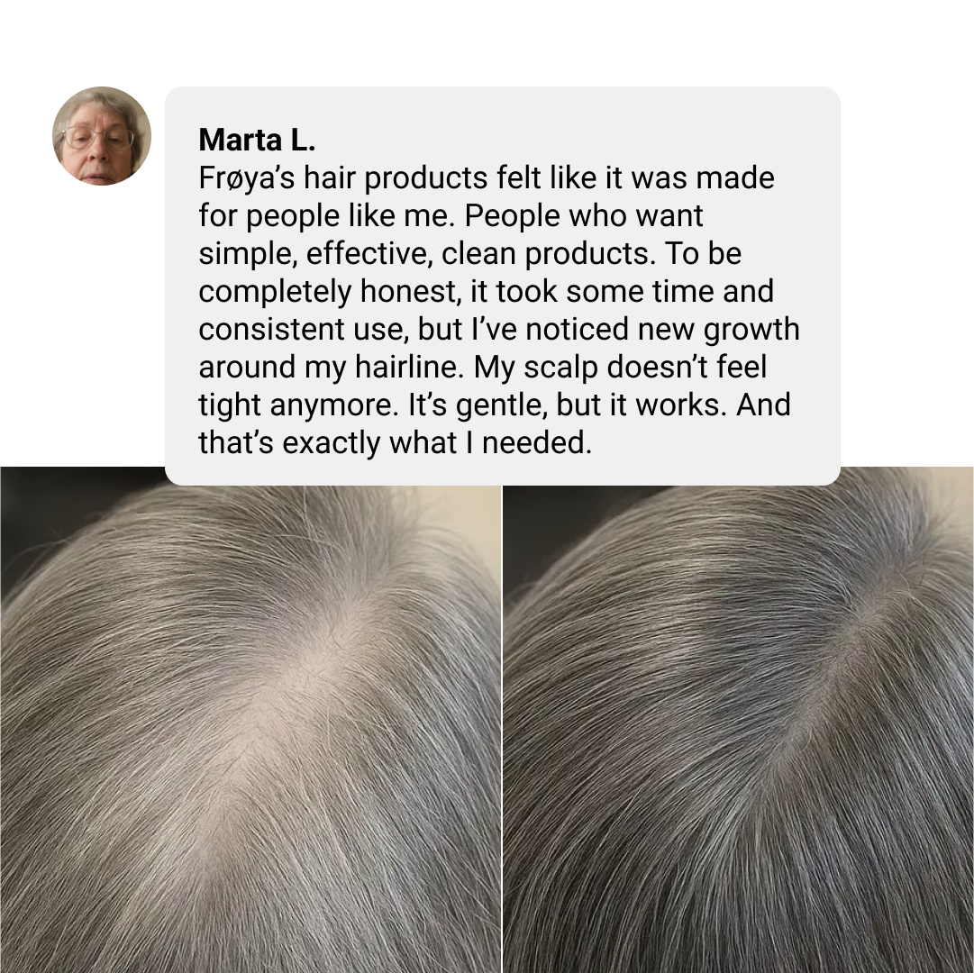 Comparison of gray hair with text about hair product use.