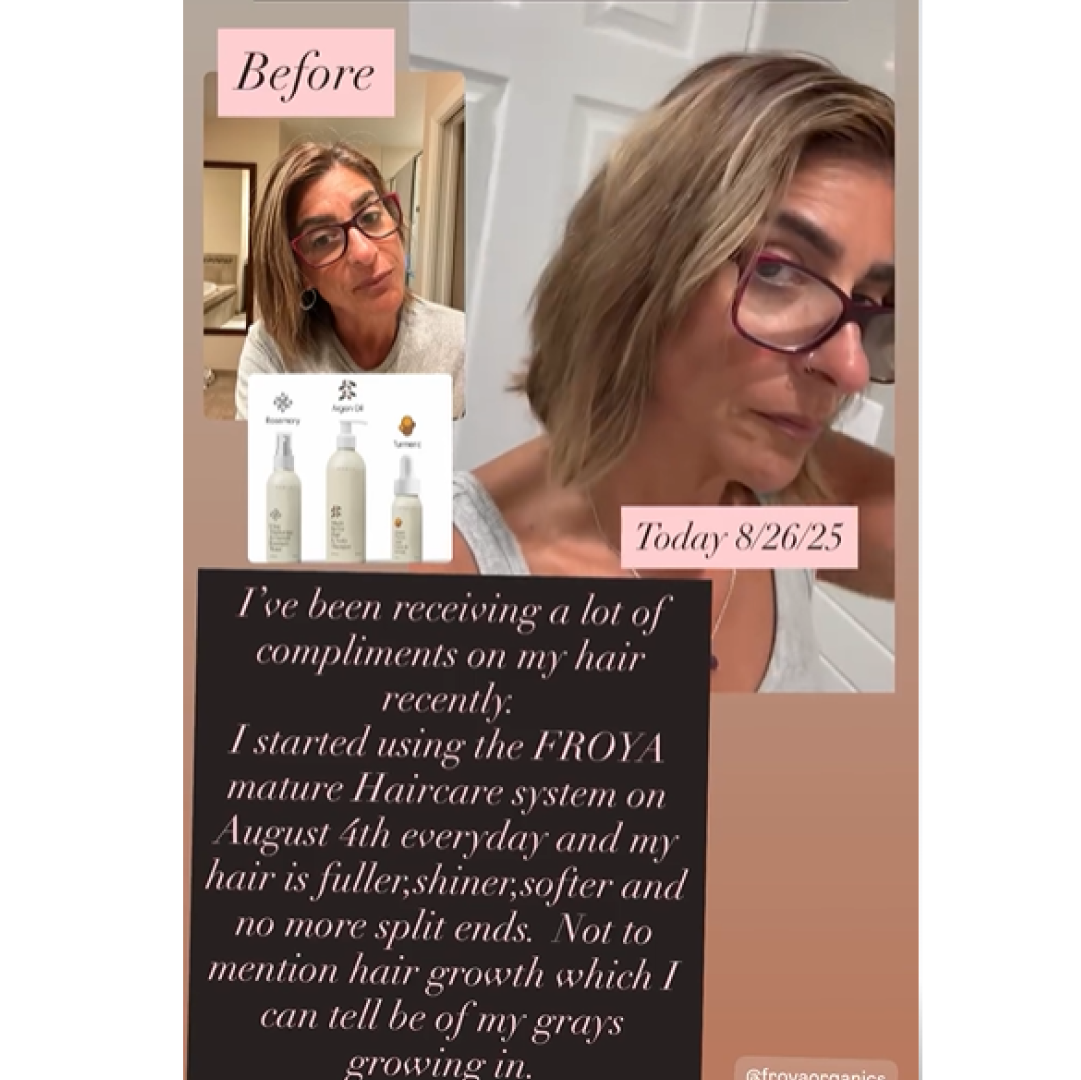 Before and after haircare product testimonial with text and images of a woman.