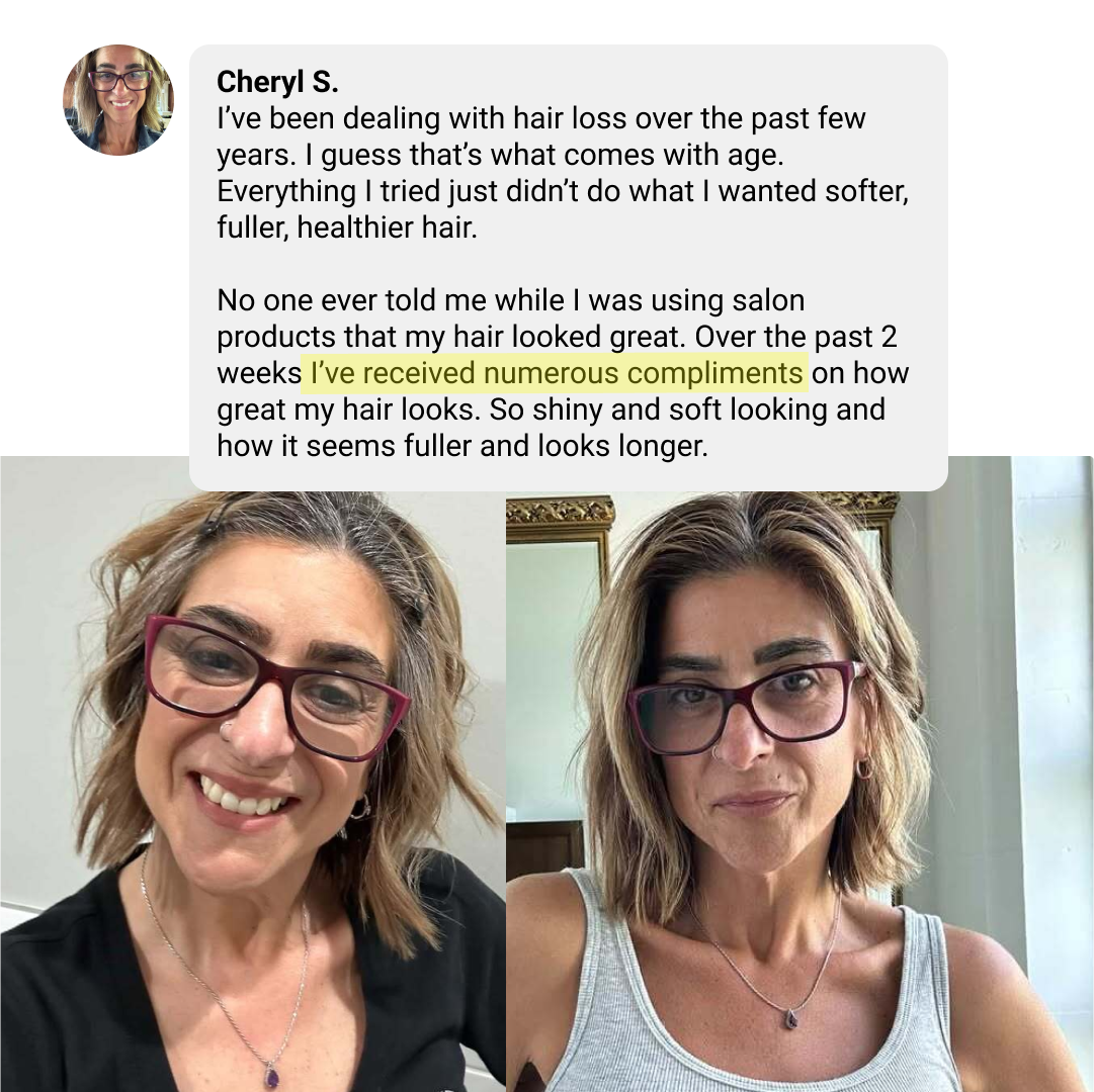 Two photos of a woman with glasses and short hair wearing different tops.