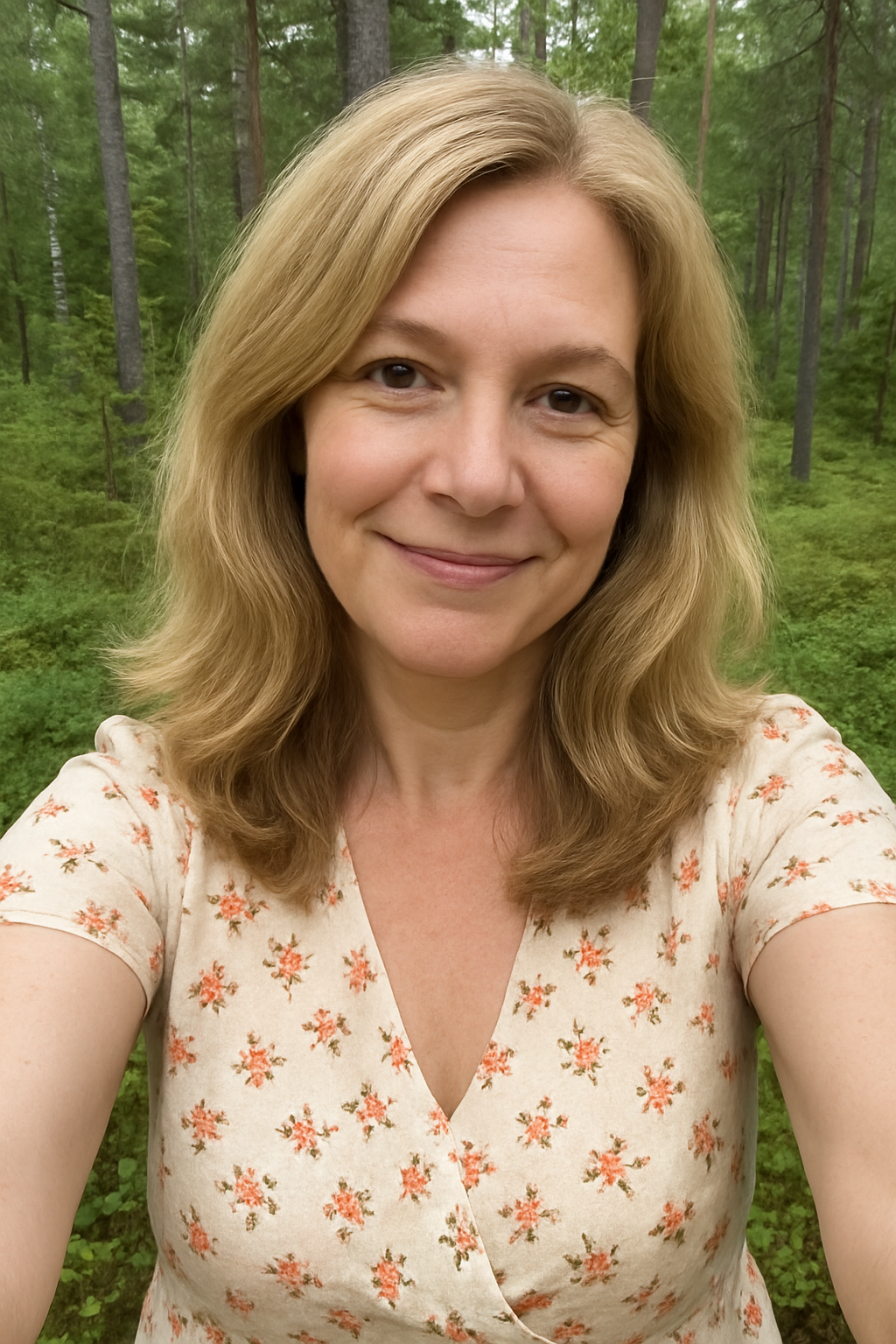 Person smiling outdoors with a forest background.