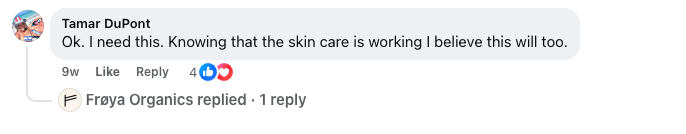 Facebook comment discussing skincare, with likes and a reply from a brand.