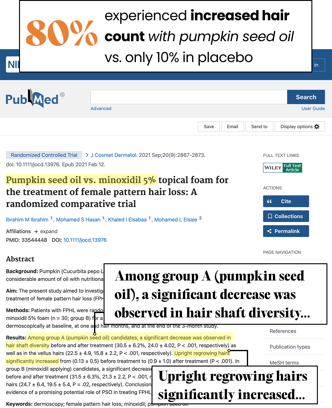 Screenshot of a PubMed article about pumpkin seed oil for hair loss treatment.