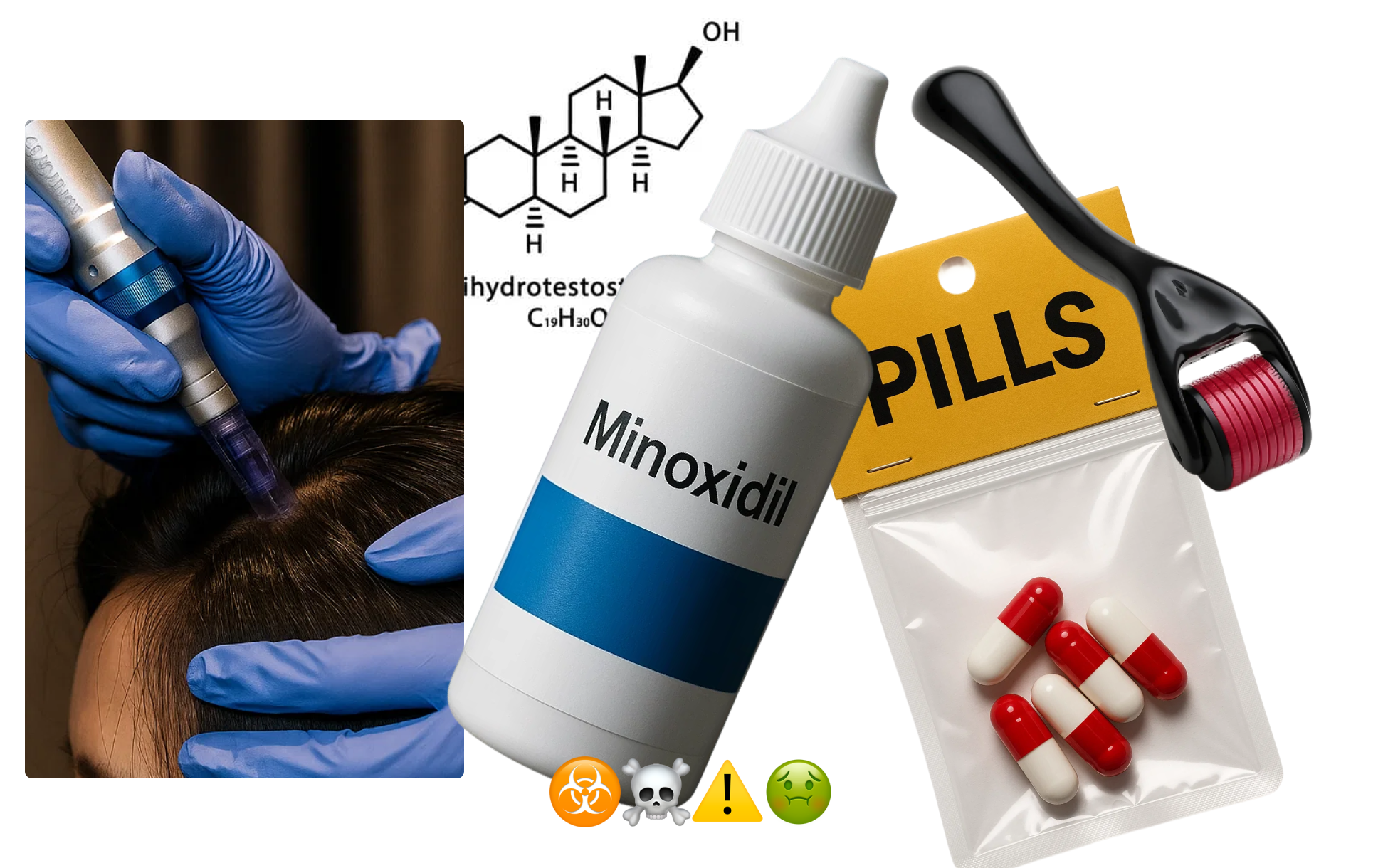 Minoxidil bottle, pills, microneedle roller, and scalp treatment scene.