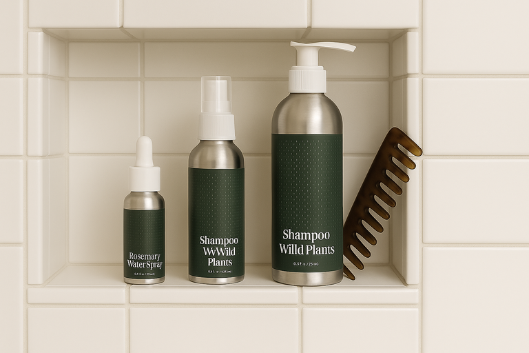 Three bottles of hair products and a comb on a tiled shelf.