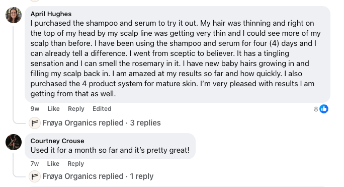 Screenshot of Facebook comments discussing a shampoo and serum product.