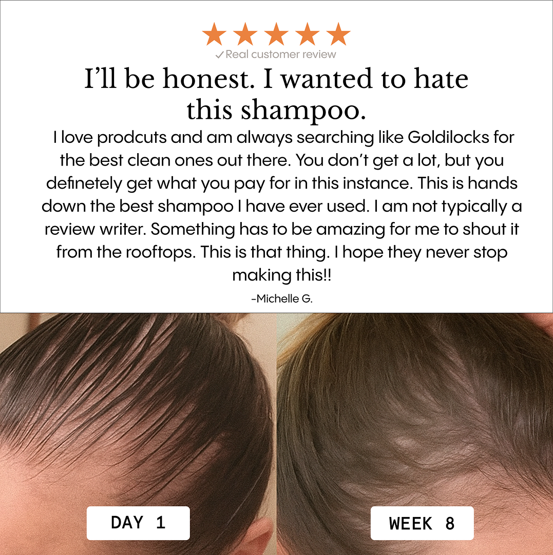 Customer review with before and after images of hair on day 1 and week 8.