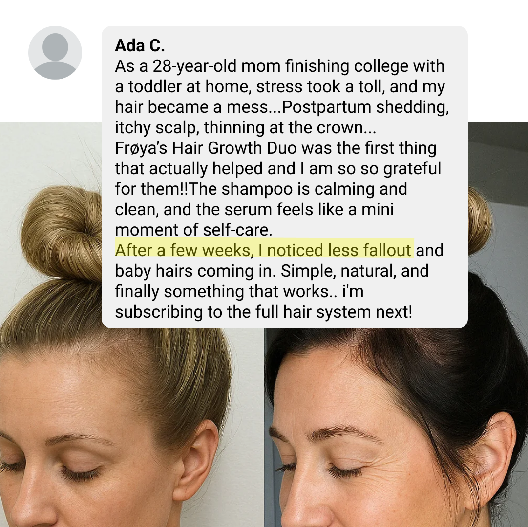 A testimonial with text about hair growth and an image of a woman's hair.