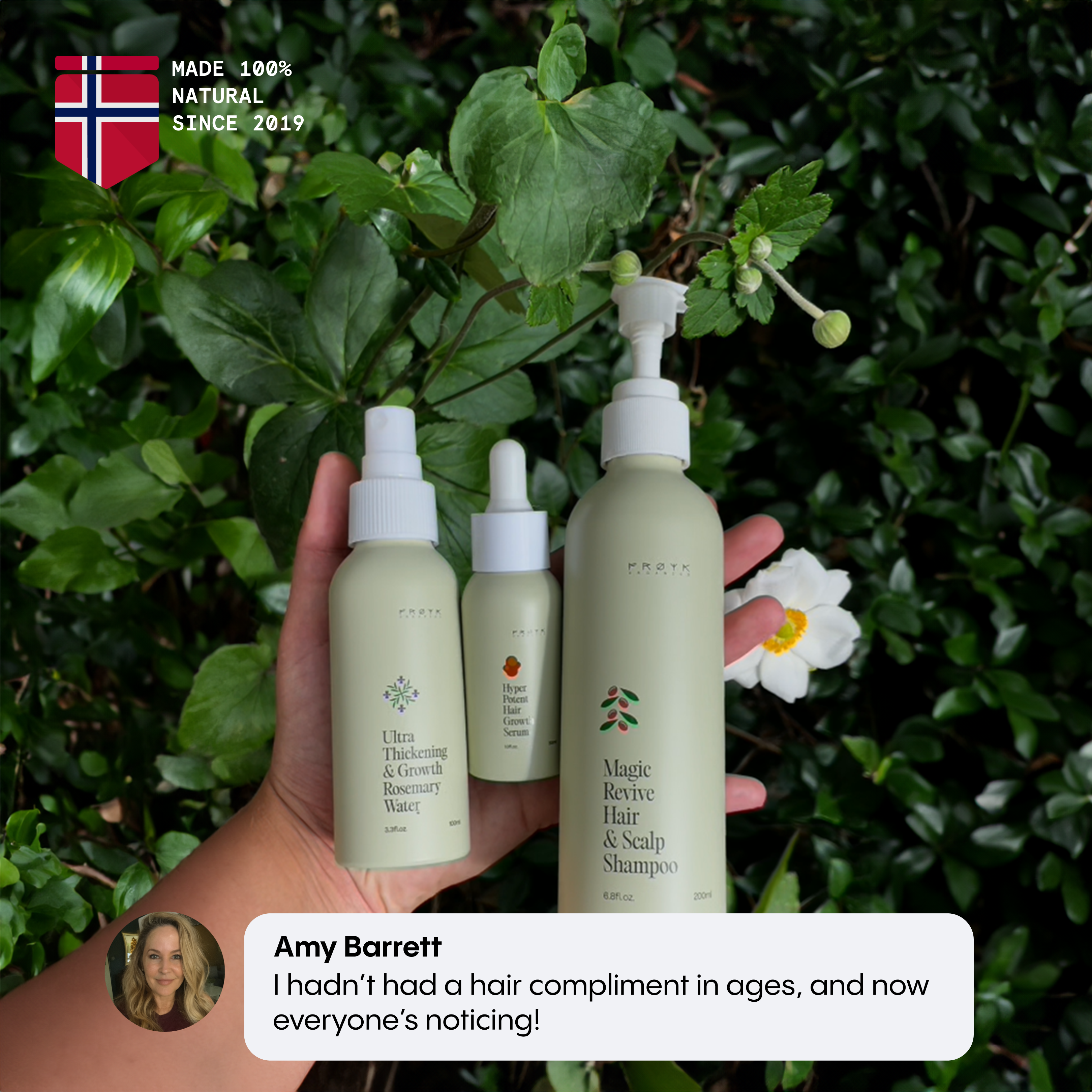 Three hair care products held in front of green foliage with a testimonial overlay.