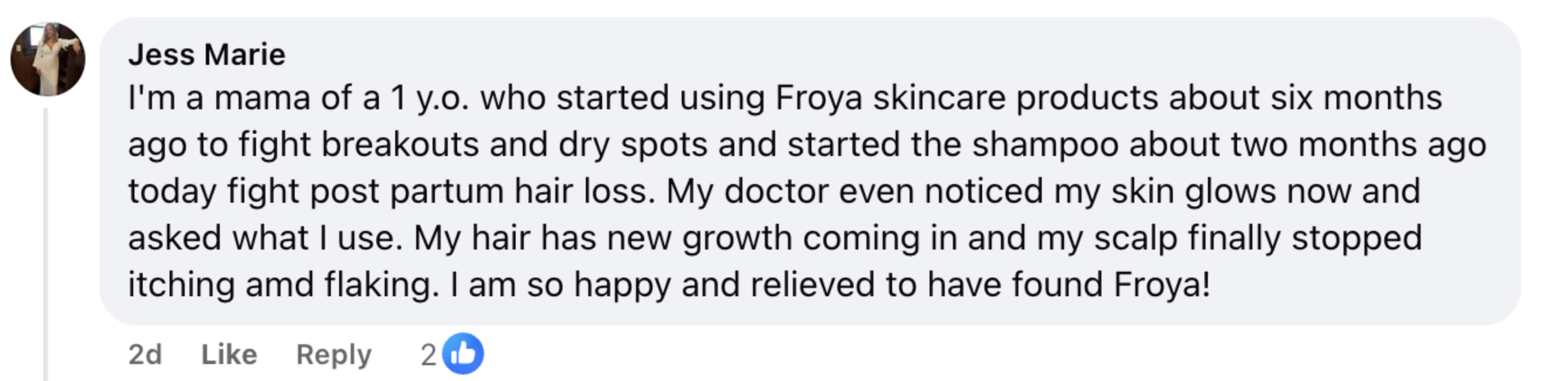 Social media comment about positive experience with skincare and shampoo products.