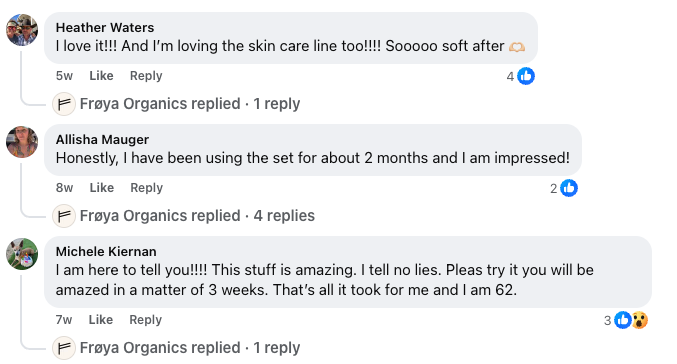 Facebook comments praising Frøya Organics skincare products with replies from the brand.