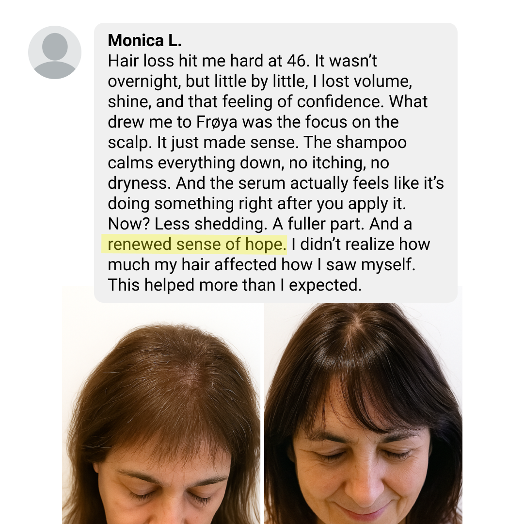 Comparison of a woman's hair before and after using a hair product.