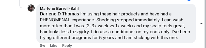 A Facebook comment praising a hair product with detailed personal experience.