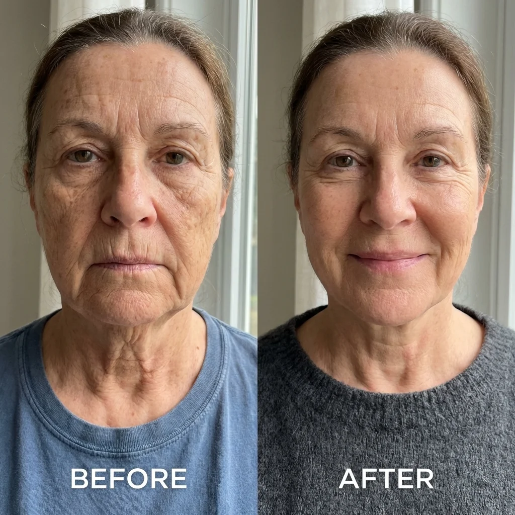 A side-by-side comparison of a woman's face, labeled 'Before' and 'After,' showing a visible reduction in wrinkles.