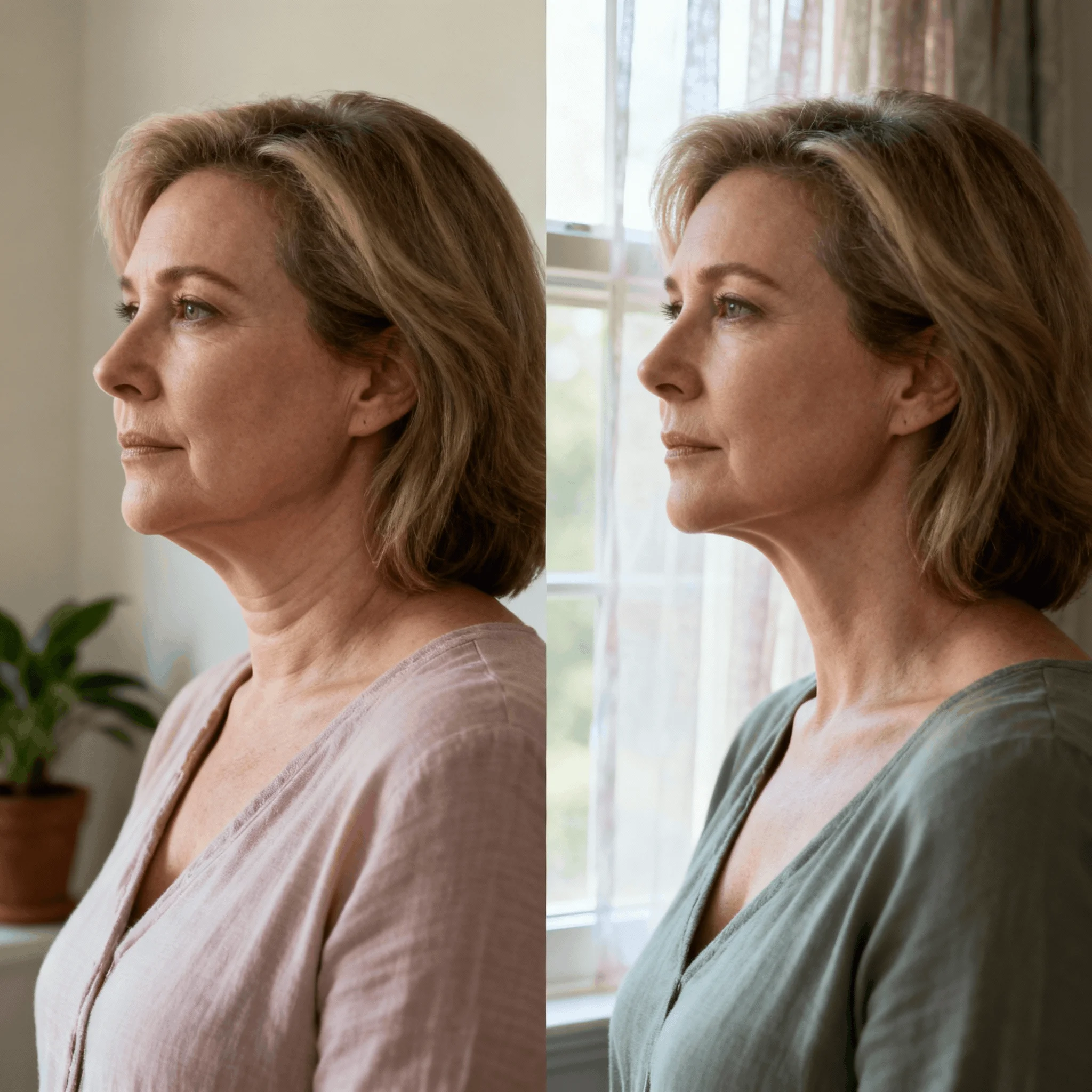 A before-and-after image of a woman in profile, showing a reduction of sagging skin on her neck.