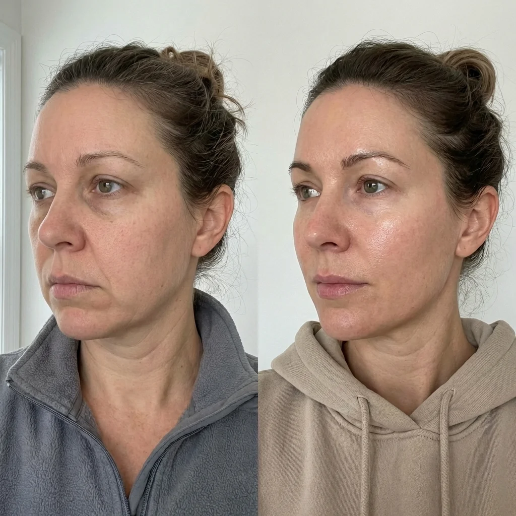A side-by-side before and after comparison of a woman's face, showing a visible improvement in skin firmness.