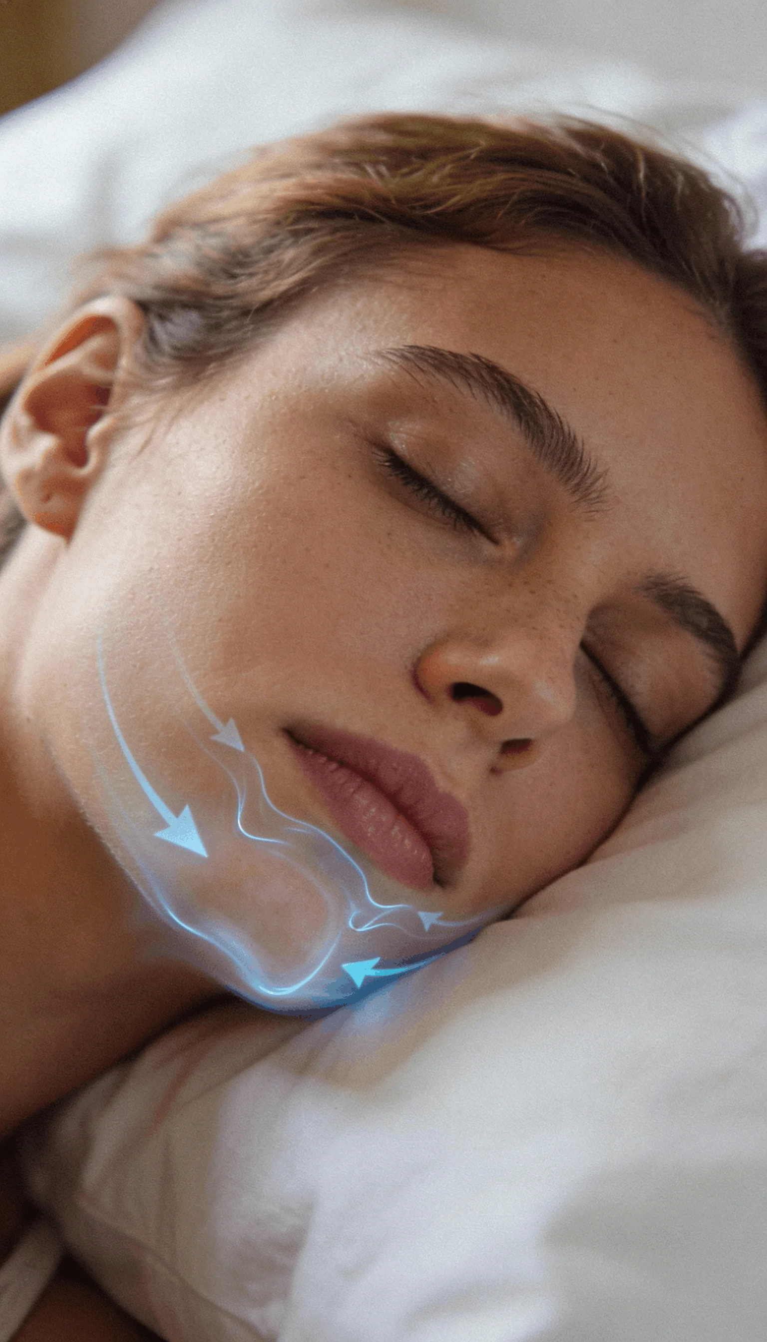 A close-up of a woman sleeping with a blue graphic showing airflow around her mouth and jaw.