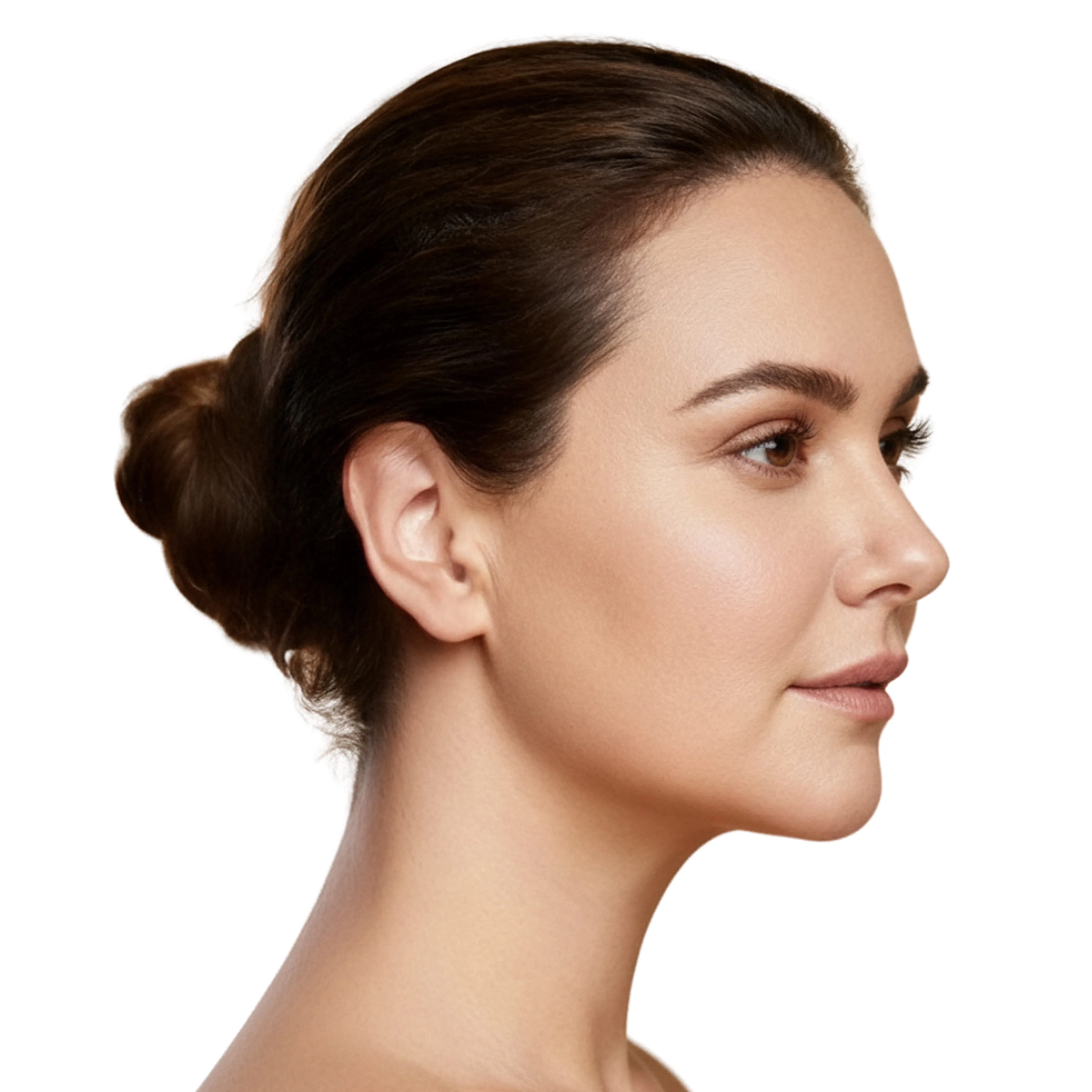 A woman with brown hair in a bun, shown in profile against a white background.