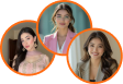 Three overlapping circular headshots of a woman in different outfits.