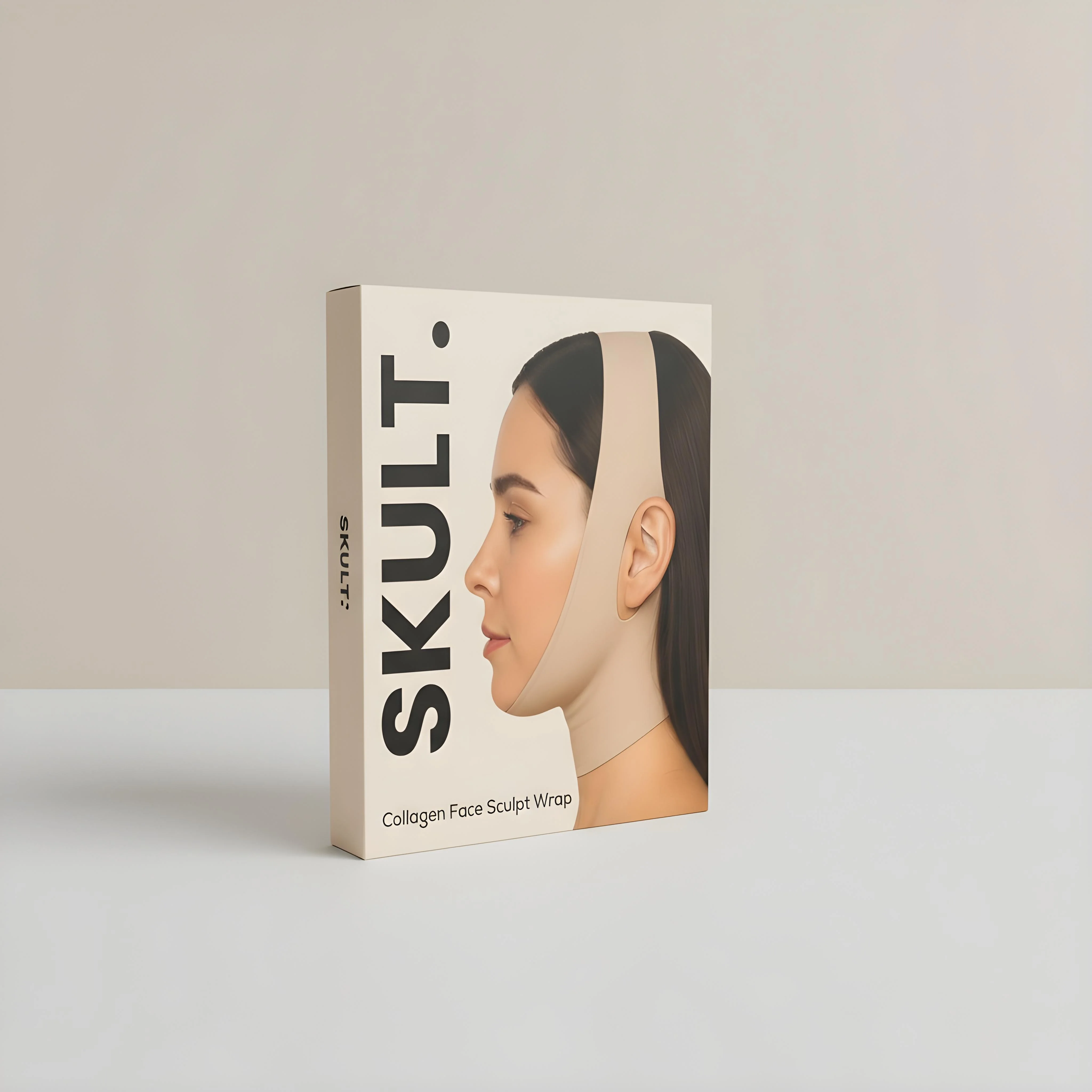 A box for SKULT Collagen Face Sculpt Wrap, showing a woman wearing the product.