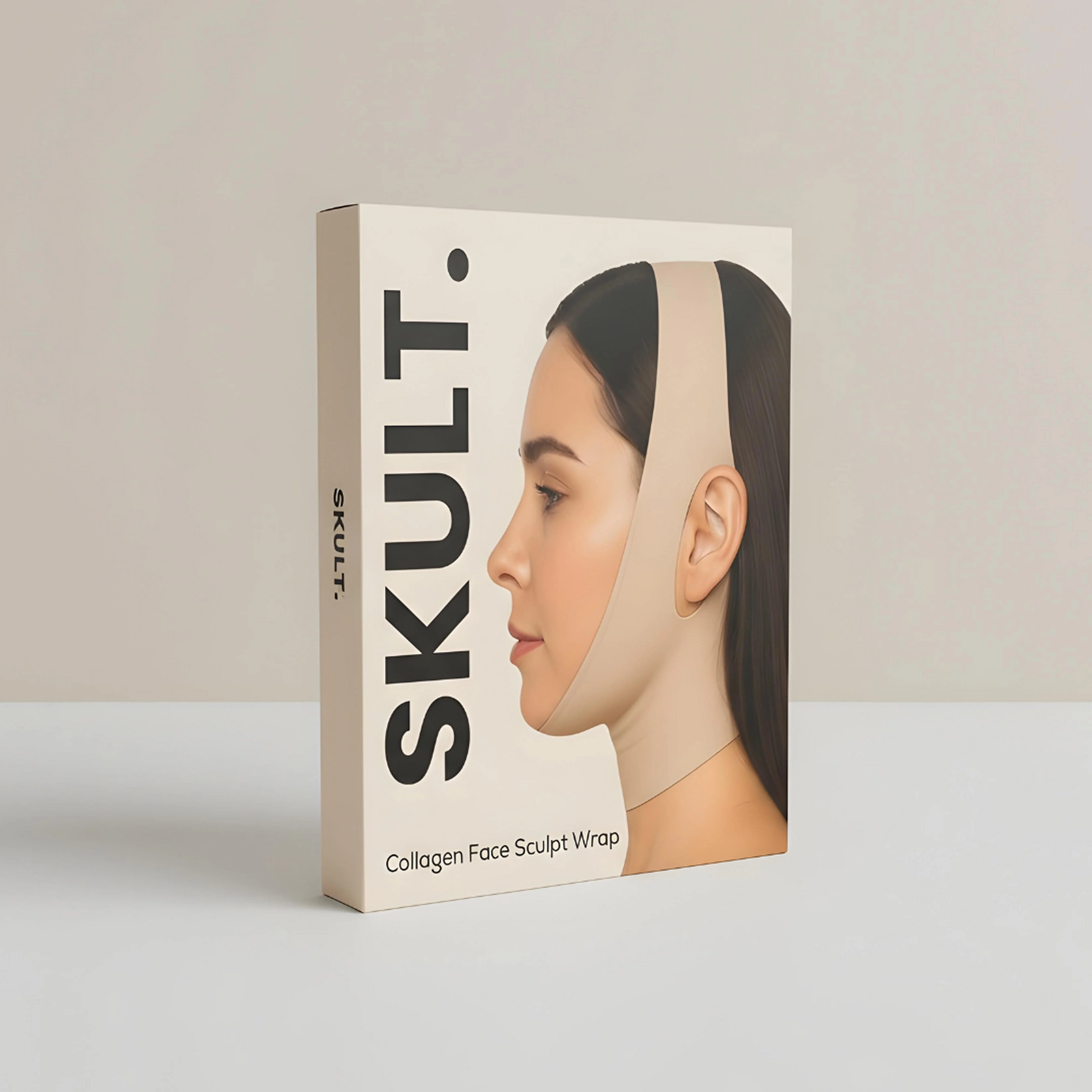 A box for SKULT Collagen Face Sculpt Wrap, with an image of a woman wearing the wrap.