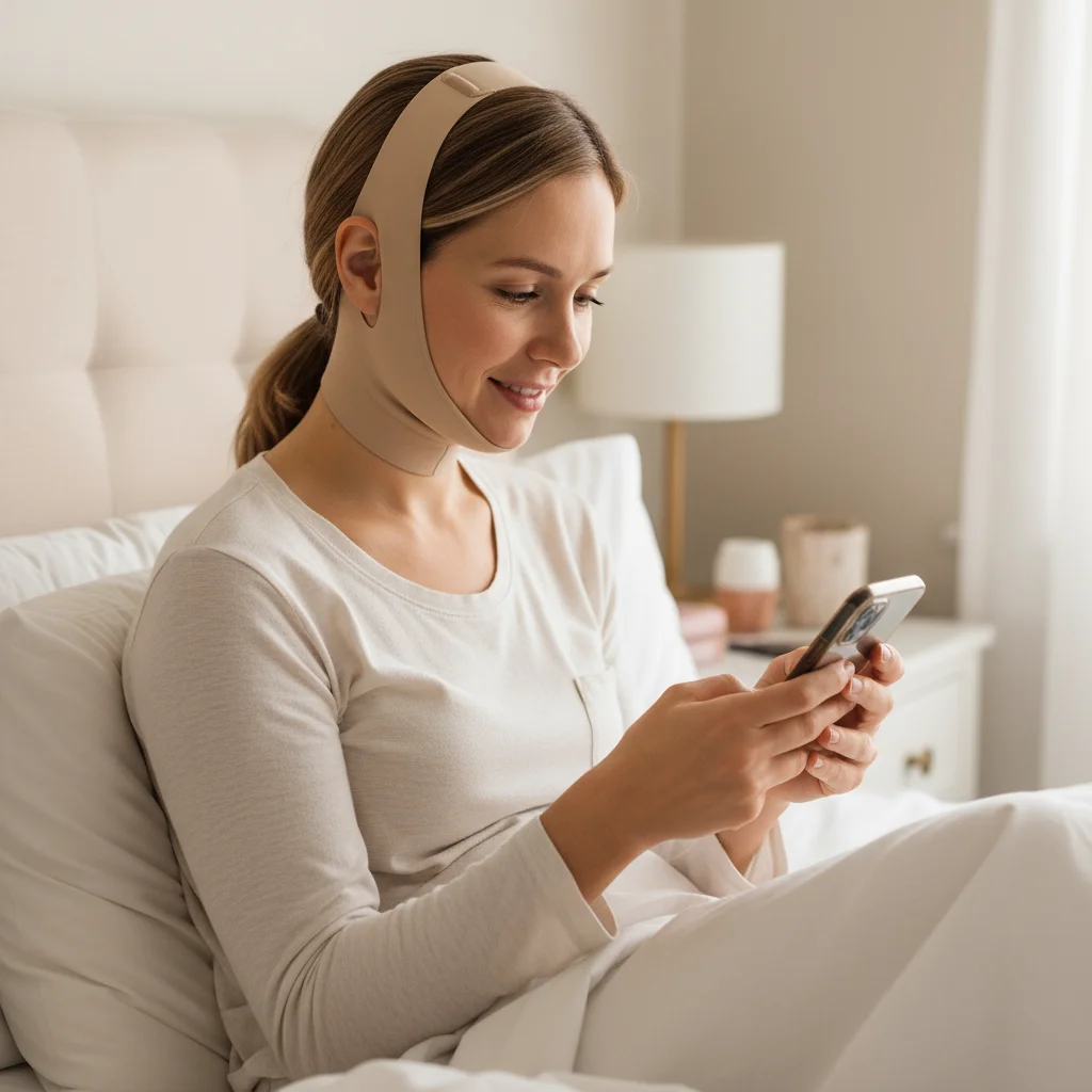 A woman in bed wearing a chin strap looks at her phone and smiles.