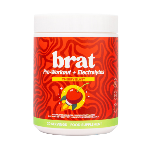 A white tub of Brat brand Cherry Blast Pre-Workout + Electrolytes food supplement against a white background.